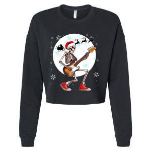 Christmas Santa Skeletons Playing Guitar Bass Guitarist Cropped Pullover Crew