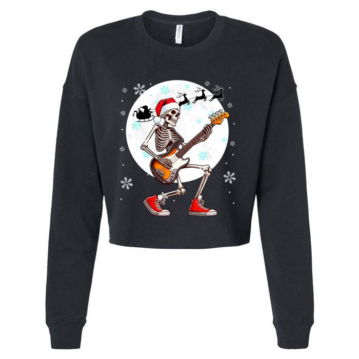 Christmas Santa Skeletons Playing Guitar Bass Guitarist Cropped Pullover Crew