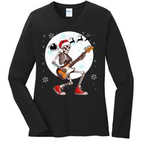 Christmas Santa Skeletons Playing Guitar Bass Guitarist Ladies Long Sleeve Shirt