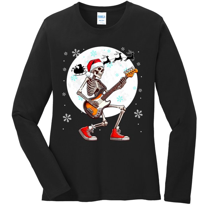 Christmas Santa Skeletons Playing Guitar Bass Guitarist Ladies Long Sleeve Shirt