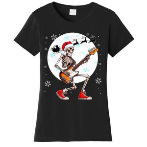 Christmas Santa Skeletons Playing Guitar Bass Guitarist Women's T-Shirt