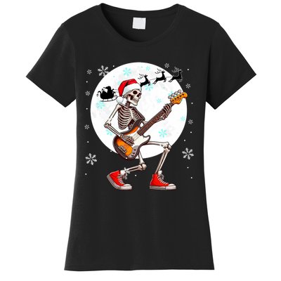 Christmas Santa Skeletons Playing Guitar Bass Guitarist Women's T-Shirt