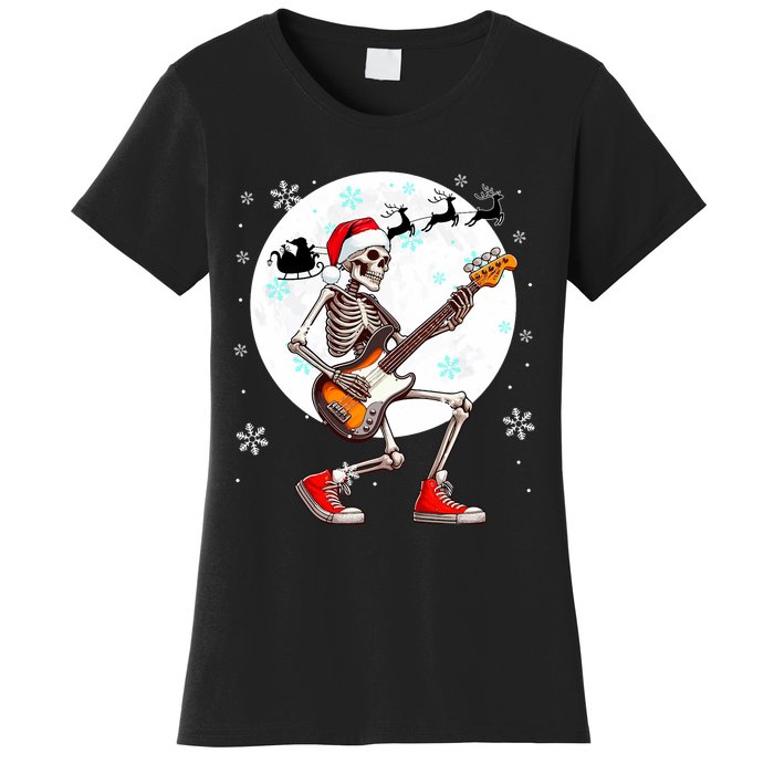 Christmas Santa Skeletons Playing Guitar Bass Guitarist Women's T-Shirt