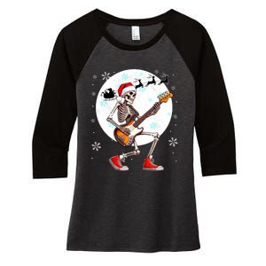 Christmas Santa Skeletons Playing Guitar Bass Guitarist Women's Tri-Blend 3/4-Sleeve Raglan Shirt