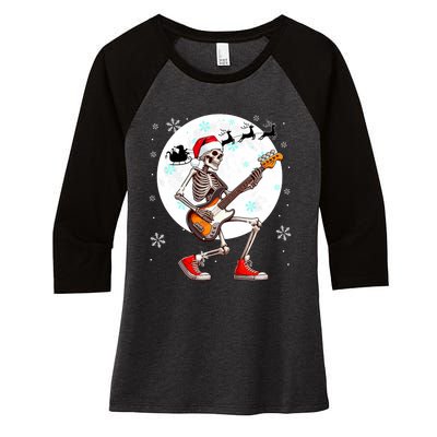 Christmas Santa Skeletons Playing Guitar Bass Guitarist Women's Tri-Blend 3/4-Sleeve Raglan Shirt