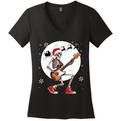 Christmas Santa Skeletons Playing Guitar Bass Guitarist Women's V-Neck T-Shirt