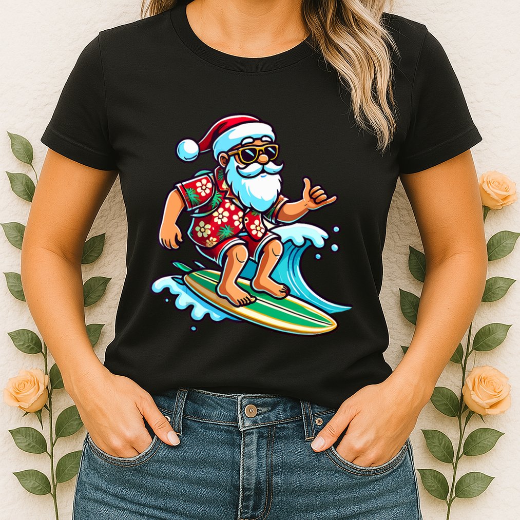 Cool Surfing Santa Christmas In July Summer Beach Party Tank Top Womens T-Shirt