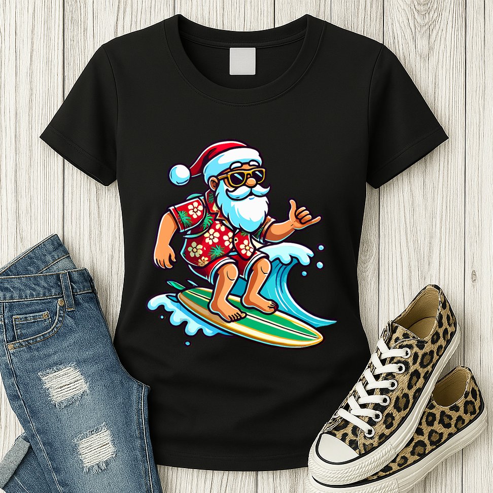 Cool Surfing Santa Christmas In July Summer Beach Party Tank Top Womens T-Shirt