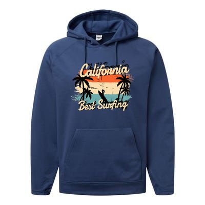 California Surfing Summer Beach Vintage Sunset Performance Fleece Hoodie