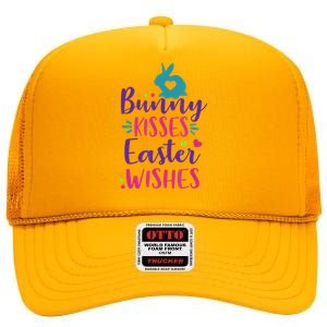 Cute Sunday School or Egg Hunt Bunny Kisses Easter Wishes High Crown Mesh Back Trucker Hat