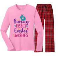 Cute Sunday School or Egg Hunt Bunny Kisses Easter Wishes Women's Long Sleeve Flannel Pajama Set 