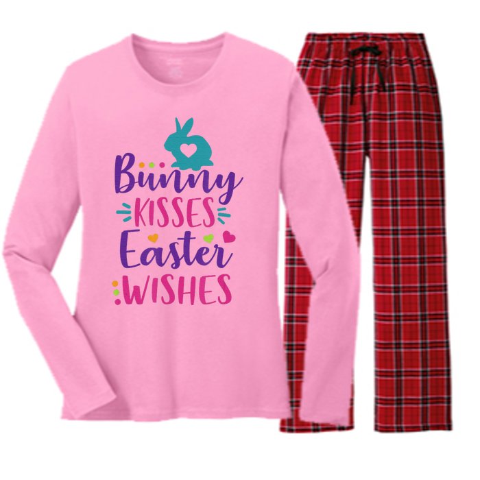 Cute Sunday School or Egg Hunt Bunny Kisses Easter Wishes Women's Long Sleeve Flannel Pajama Set 