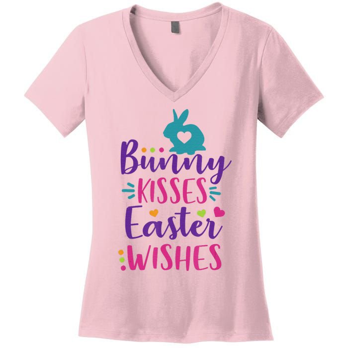 Cute Sunday School or Egg Hunt Bunny Kisses Easter Wishes Women's V-Neck T-Shirt