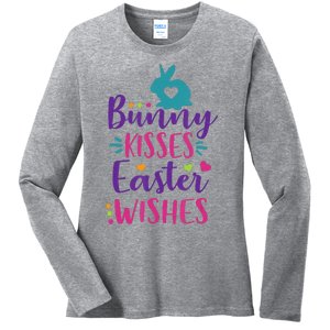 Cute Sunday School or Egg Hunt Bunny Kisses Easter Wishes Ladies Long Sleeve Shirt