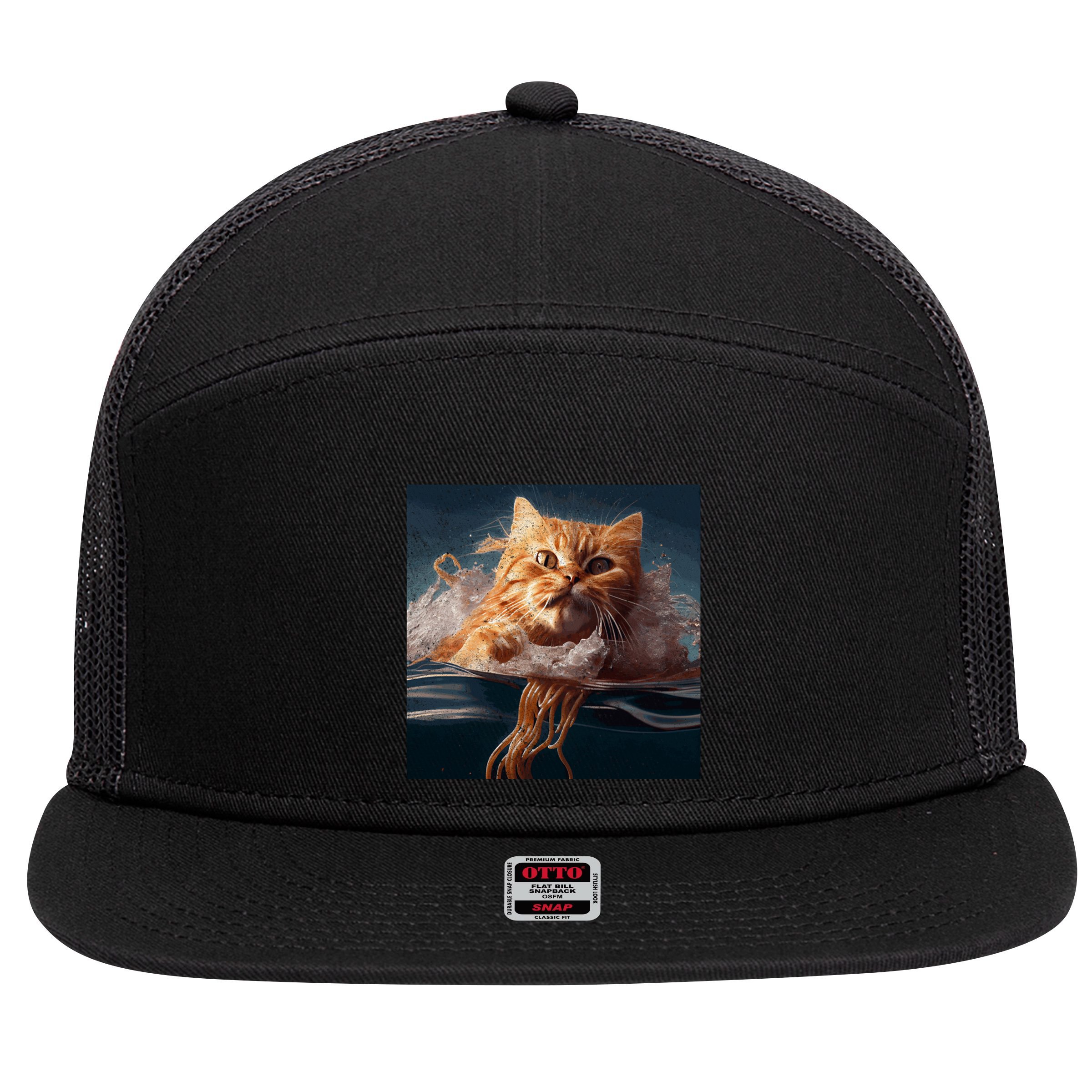 Cat Swimming Spaghetti Gift 7 Panel Mesh Trucker Snapback Hat