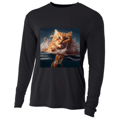 Cat Swimming Spaghetti Gift Cooling Performance Long Sleeve Crew