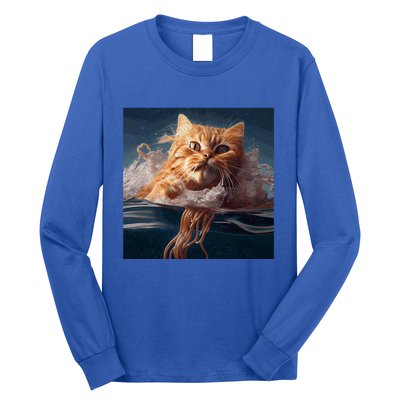 Cat Swimming Spaghetti Gift Long Sleeve Shirt