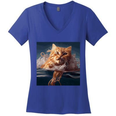 Cat Swimming Spaghetti Gift Women's V-Neck T-Shirt