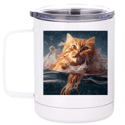 Cat Swimming Spaghetti Gift 12 oz Stainless Steel Tumbler Cup