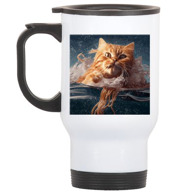 Cat Swimming Spaghetti Gift Stainless Steel Travel Mug