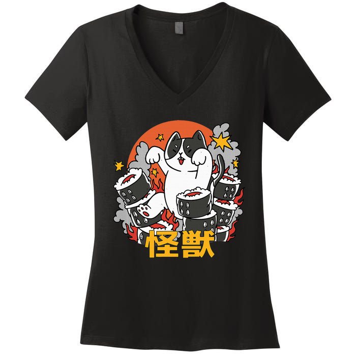 Catzilla Sunset Sushi Cat Japanese Women's V-Neck T-Shirt