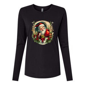 Christmas Spirit Santa Illustration Womens Cotton Relaxed Long Sleeve T-Shirt