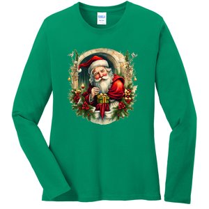 Christmas Spirit Santa Illustration Ladies Long Sleeve Shirt