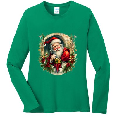 Christmas Spirit Santa Illustration Ladies Long Sleeve Shirt