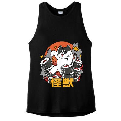 Catzilla Sunset Sushi Cat Japanese Ladies PosiCharge Tri-Blend Wicking Tank