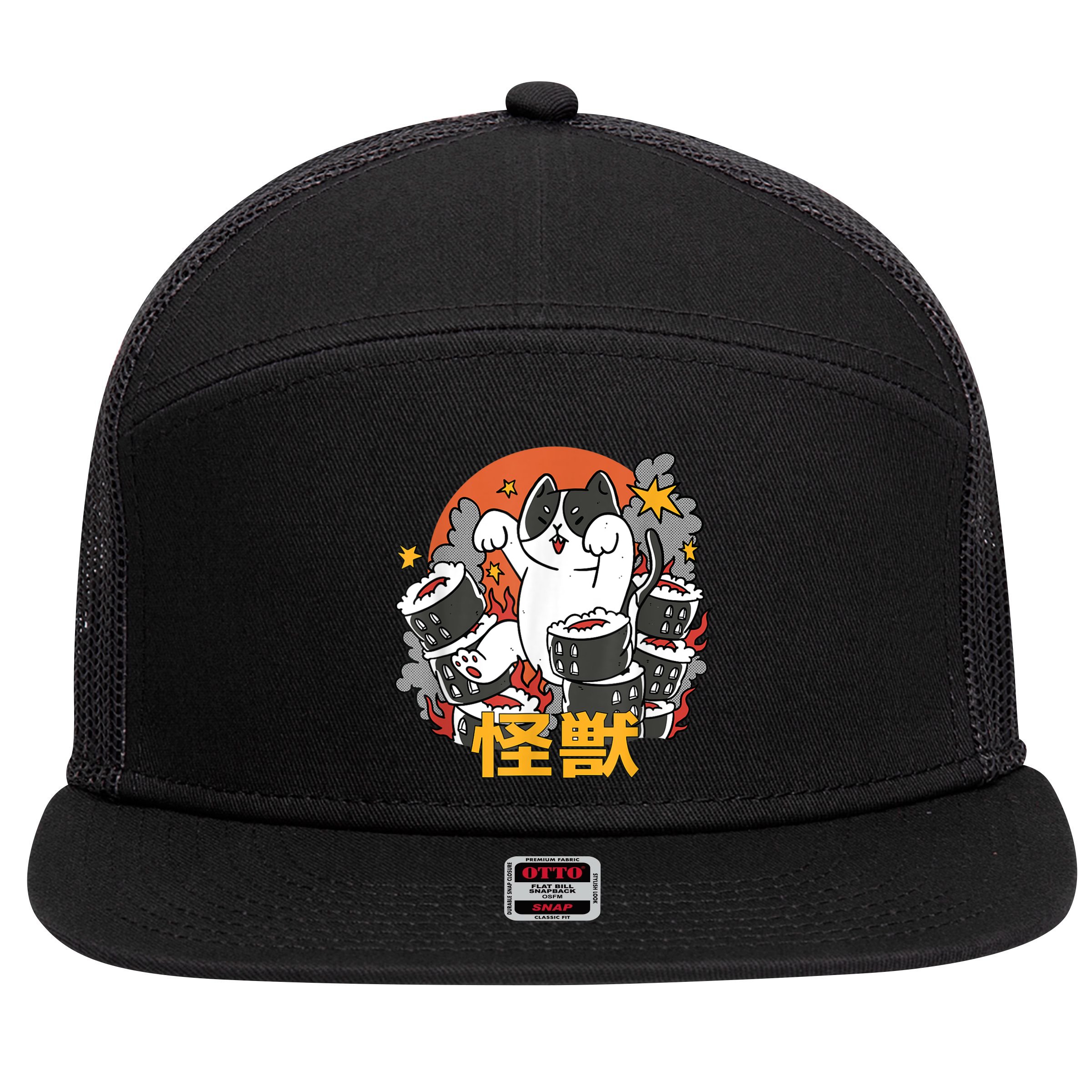 Catzilla Sunset Sushi Cat Japanese 7 Panel Mesh Trucker Snapback Hat