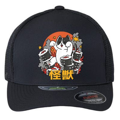 Catzilla Sunset Sushi Cat Japanese Flexfit Unipanel Trucker Cap