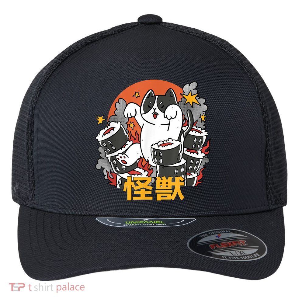 Catzilla Sunset Sushi Cat Japanese Flexfit Unipanel Trucker Cap