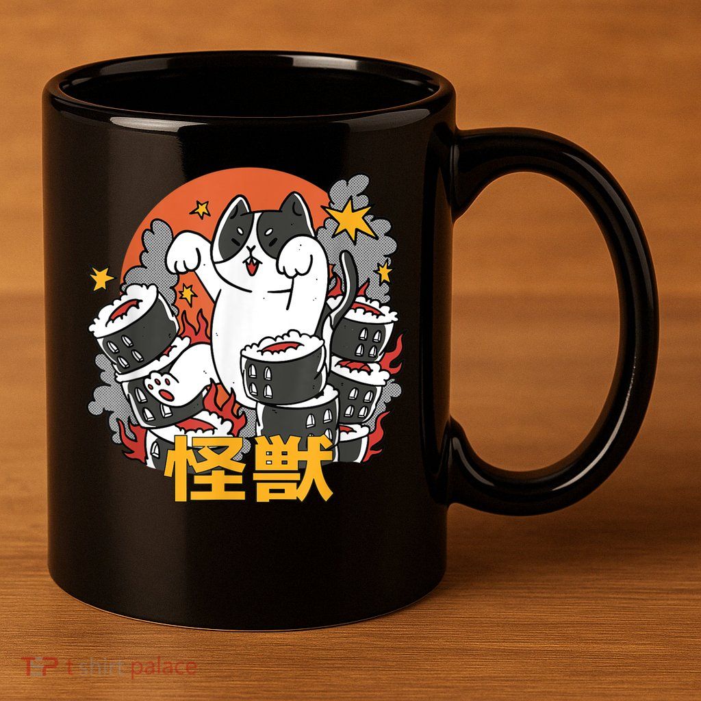 Catzilla Sunset Sushi Cat Japanese 11oz C Handle Ceramic Mug
