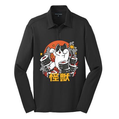 Catzilla Sunset Sushi Cat Japanese Silk Touch Performance Long Sleeve Polo