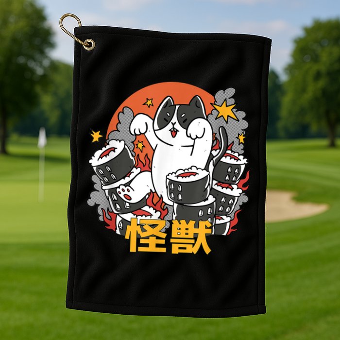 Catzilla Sunset Sushi Cat Japanese Golf Towel