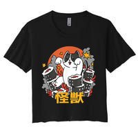 Catzilla Sunset Sushi Cat Japanese Women's Crop Top Tee