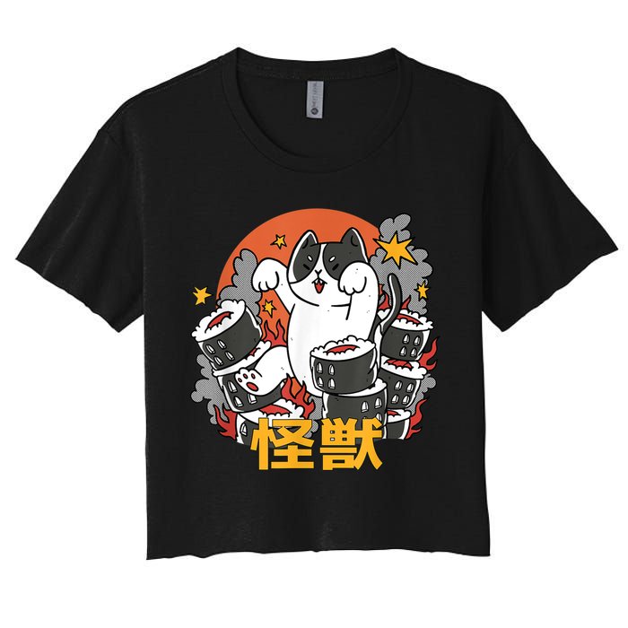 Catzilla Sunset Sushi Cat Japanese Women's Crop Top Tee