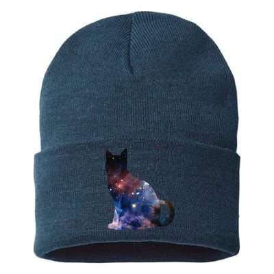  Cat Silhouette Supernova In Galaxy Scifi Space Sustainable Knit Beanie