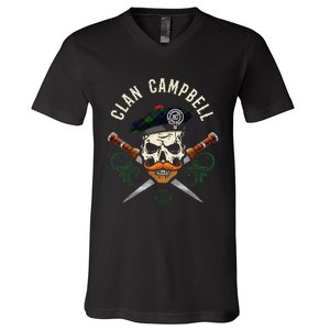 Campbell Surname Scottish Clan Skull Tam Dirks Tartan Badge V-Neck T-Shirt