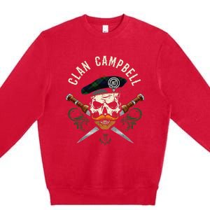 Campbell Surname Scottish Clan Skull Tam Dirks Tartan Badge Premium Crewneck Sweatshirt