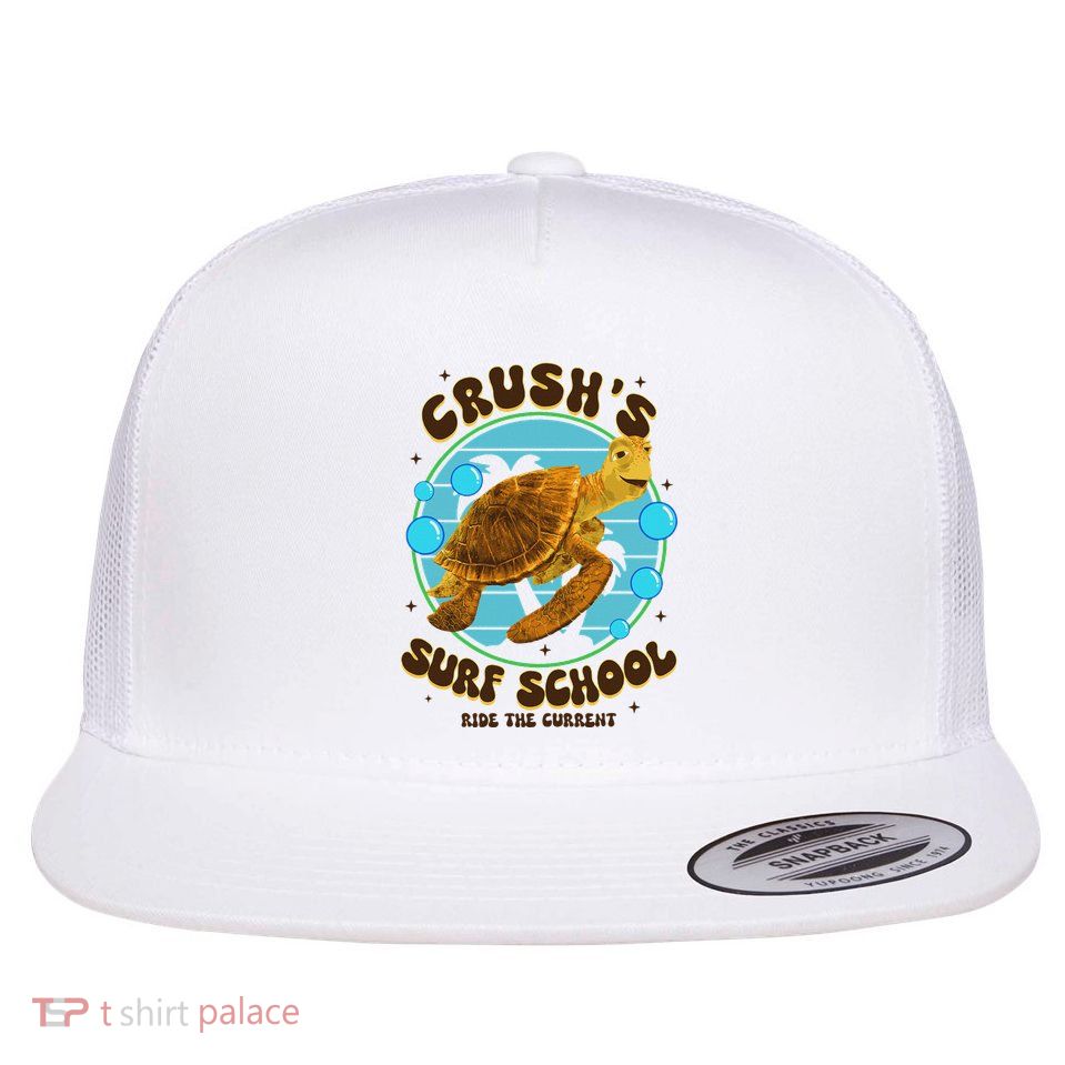CrushS Surf School Ride The Current Turtle Flat Bill Trucker Hat