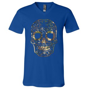 Camo Sugar Skull Calavera Dia De Muertos Mexican Halloween V-Neck T-Shirt