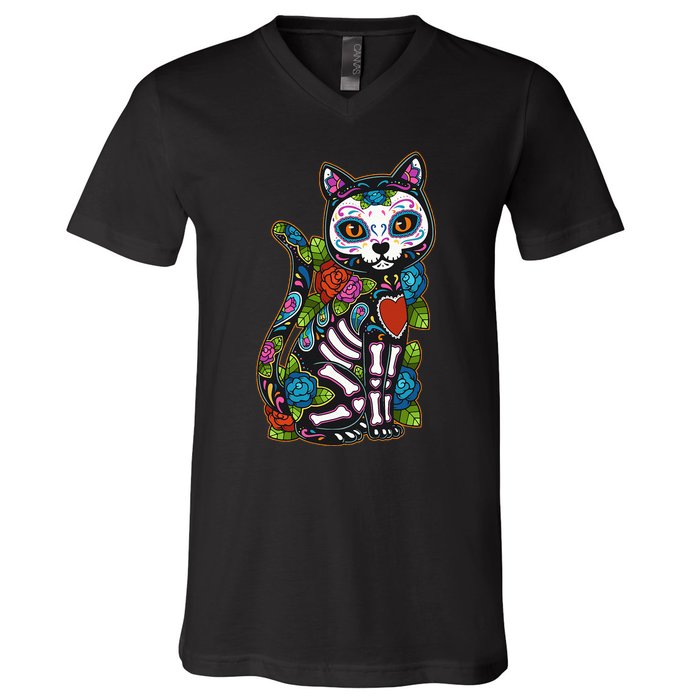 Cat Sugar Skull Mexico Calavera Dia De Los Muertos Halloween V-Neck T-Shirt