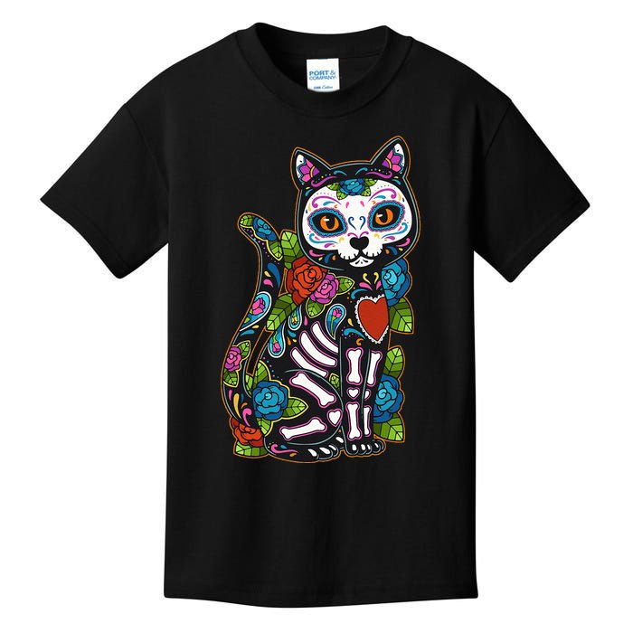 Cat Sugar Skull Mexico Calavera Dia De Los Muertos Halloween Kids T-Shirt