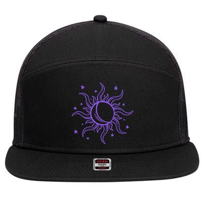 Celestial Sun Star Moon Design 7 Panel Mesh Trucker Snapback Hat