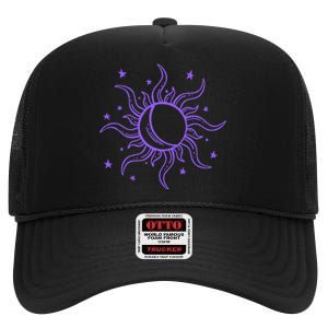 Celestial Sun Star Moon Design High Crown Mesh Back Trucker Hat