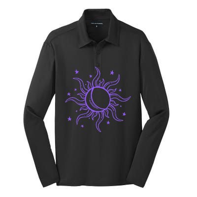 Celestial Sun Star Moon Design Silk Touch Performance Long Sleeve Polo