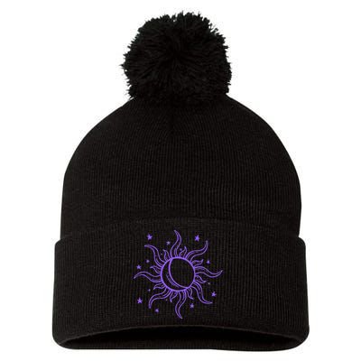 Celestial Sun Star Moon Design Pom Pom 12in Knit Beanie