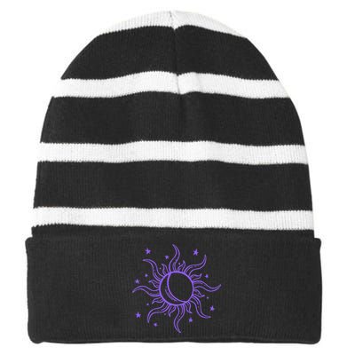 Celestial Sun Star Moon Design Striped Beanie with Solid Band