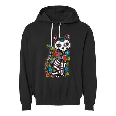 Cat Sugar Skull Mexico Calavera Dia De Los Muertos Halloween Garment-Dyed Fleece Hoodie